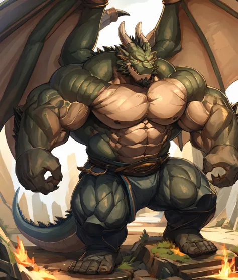 "a dragon orc，strong body，muscular，full of strength and wildness。there are black scales on his skin，like dragon scales，shining w...