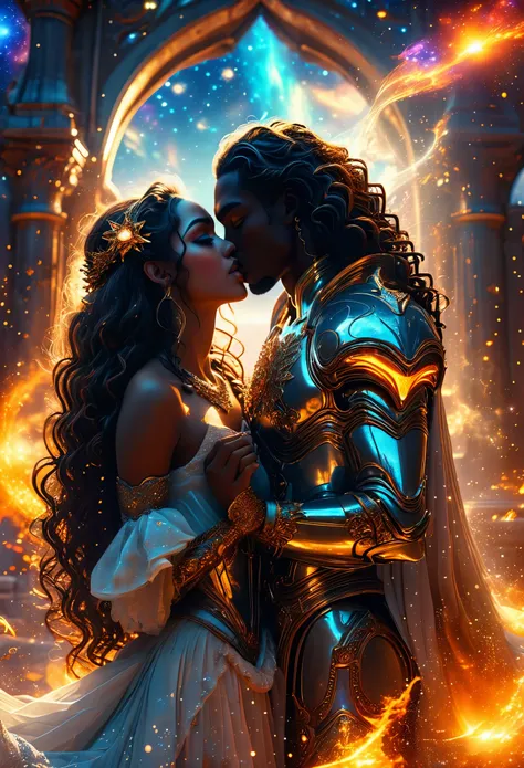 In a celestial dreamland landscape, a couple dressed luxuous, differents faces, they are all darkskin, (((young, in 20s))), (((one brown skin darkhair1.5 woman))), (they are two différent and separate couple1.2). The couple is a brown skin warrior long dar...