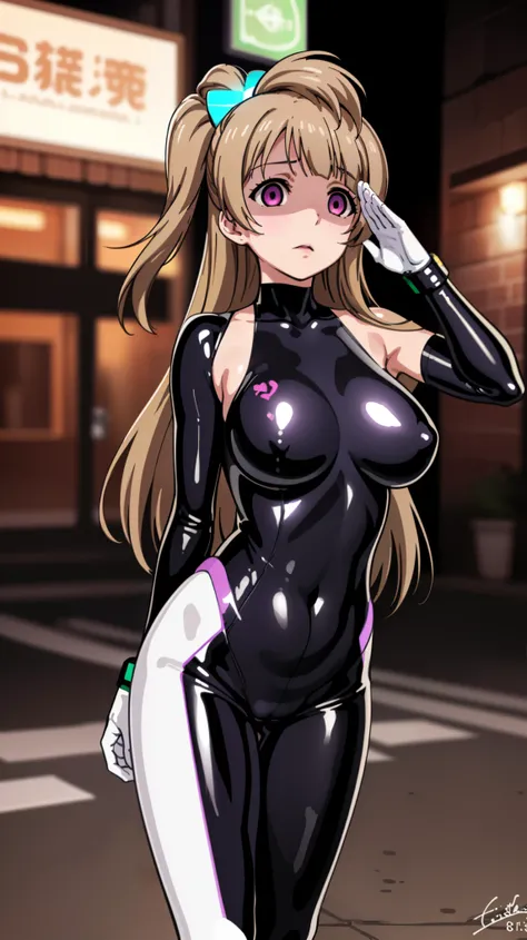 1 girl,NSFW,Kotori Minami,(lovelive),clavicle, absurd, brainwashing,Combatant, empty eyes,((purple glowing eyes 1.5)),  huge breasts , No expression, emotions removed,(black latex tight bodysuit),look away , whole body shape, ((stand up, salute)),(highest ...