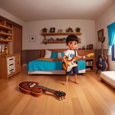 (Menino com cabelos longos e grisalhos, deitado em uma cama infantil) em um quarto personalizado com guitarras, Guitars, cachaça bottles, e tema musical 