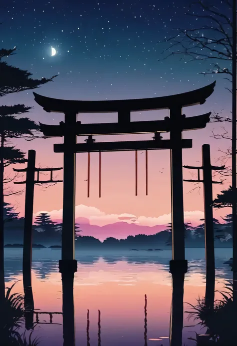 Beatiful Japanese Lofi landscape during night. Very peaceful landscape. Nature area. Very peaceful, and relaxing. Anime style. Japanese torii gate
