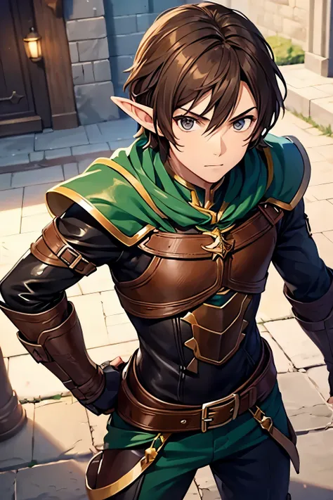 elf thief boy with cropped brown hair and brown eyes in leather armor