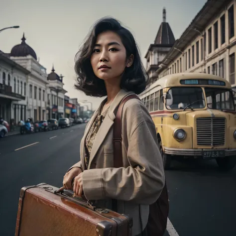 raw mode photo, vintage portrait of an Asian woman in retro 90s style, holding a suitcase, standing on a road with an old bus from a distance, dynamic lighting, best angle, sideways portrait, sharp focus, retro vintage photo, background of the city of Jogj...