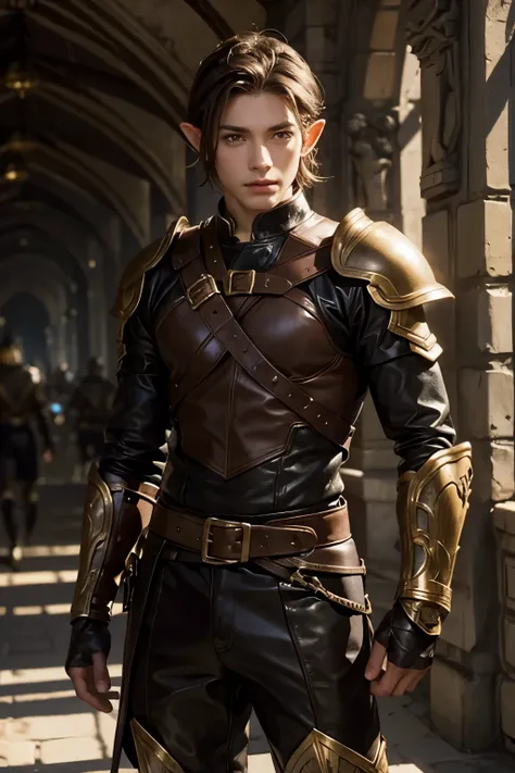 elf thief boy with cropped brown hair and brown eyes in leather armor