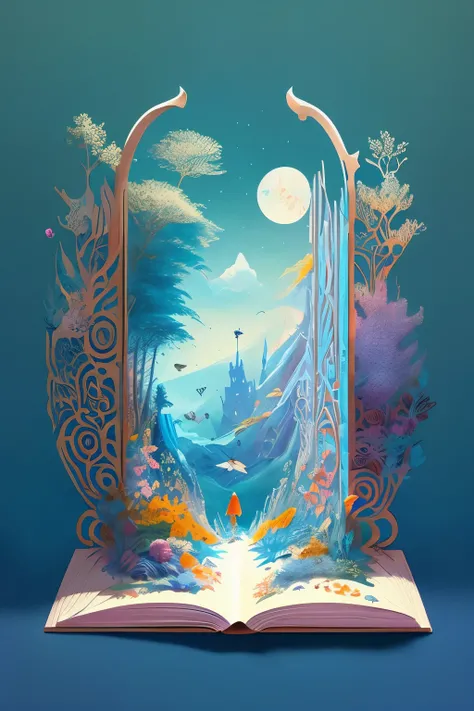 In the heart of a whimsical realm, an enchanting scene unfolds from the pages of a centered book, inviting us into a world of wonder and fairytales. This intricate and insanely detailed double exposure fantasy illustration, masterfully crafted by the artis...