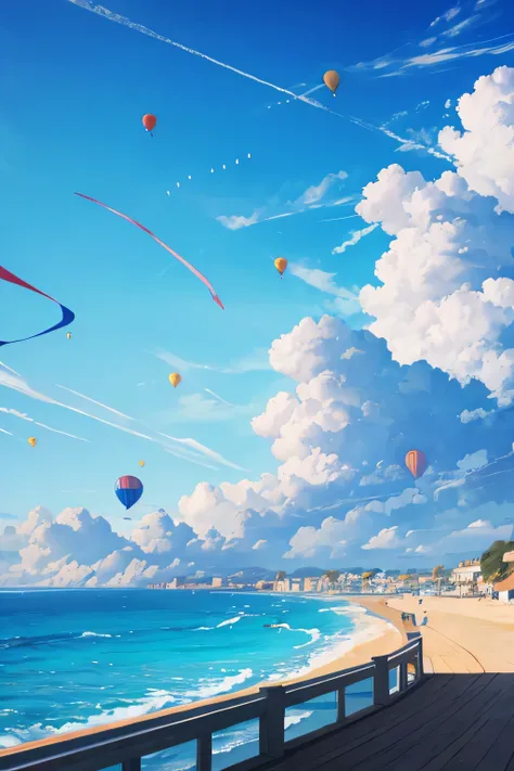 clear blue skys at the sea over with kites in the sky and hot air baloons