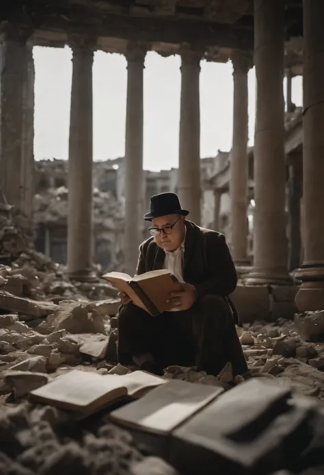 destroyed in a nuclear war、In a ruined city where only rubble remains、A fat man wearing glasses is reading a book.、Because of the atomic bomb、my clothes are in tatters。Fallen Goddess、