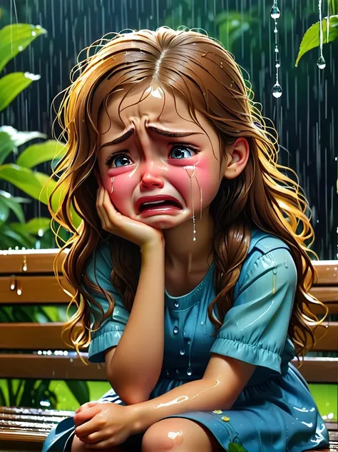 1 girl，sit on bench，close up，wet，(sad cry:1.8)，(burst into tears:1.8)，downpour，garden，cry