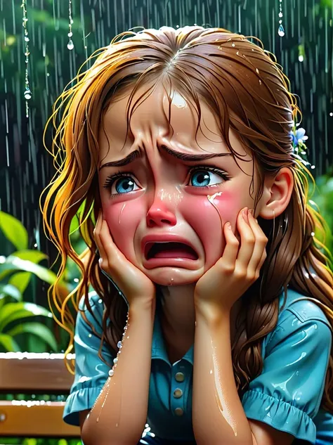 1 girl，sit on bench，close up，wet，(sad cry:1.8)，(burst into tears:1.8)，downpour，garden，cry