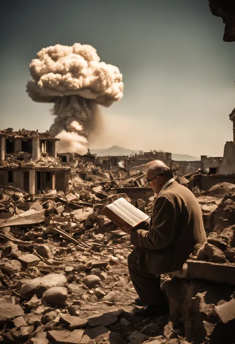 destroyed in a nuclear war、In a ruined city where only rubble remains、A fat man wearing glasses is reading a book.、Clothes are in tatters due to the effects of the atomic bomb..。(((Nuclear war is still going on、The mushroom cloud of the atomic bomb can be ...