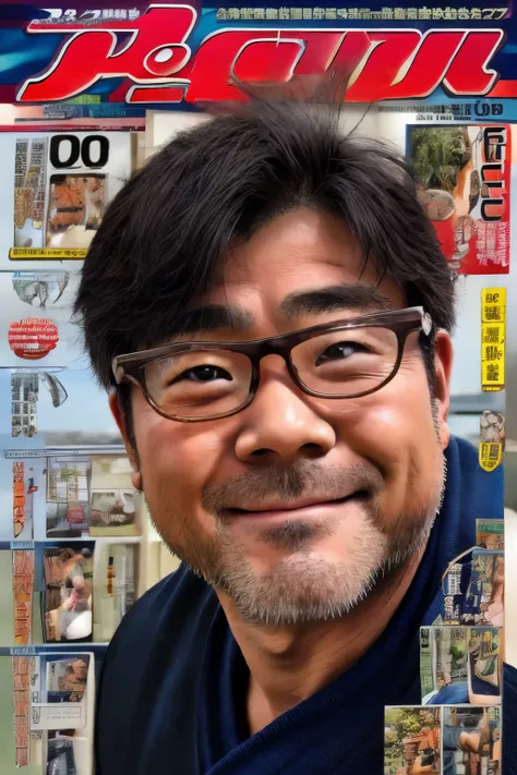 realistic, 1 boy,middle aged male、glasses、japanese, text focus, magazine cover,