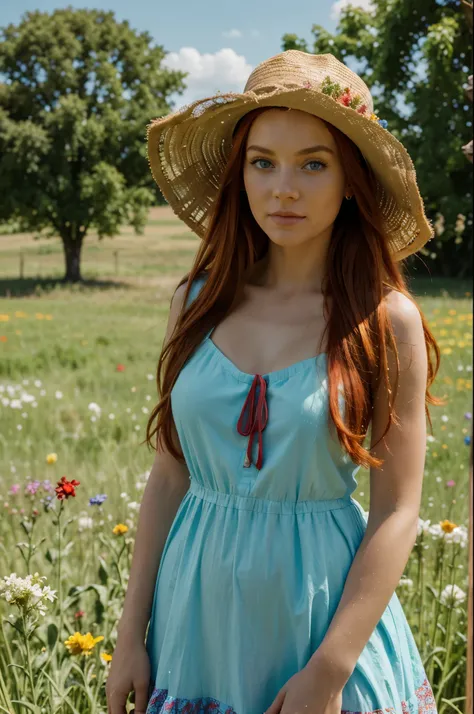 professional photo of a beautiful woman, bright red hair, bright blue eyes, full body, dressed in a hippie like dress, wearing a hat, standing in a field full of flowers, raw photo, highly detailed, ultra hd, 8k
