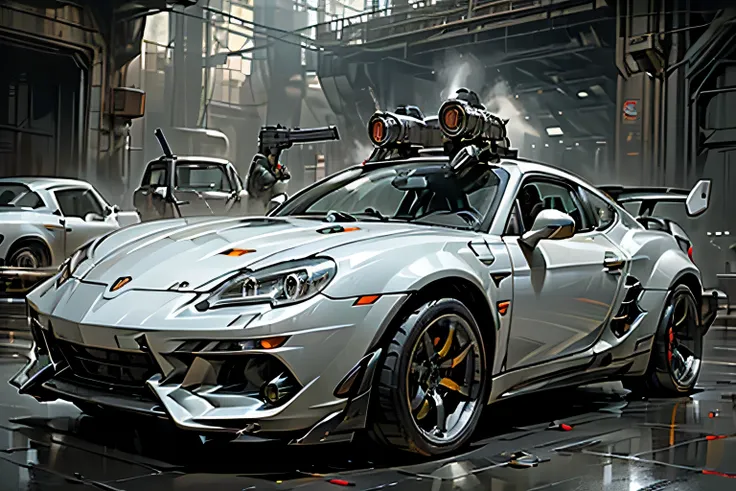 ((Silver Car)), ((Armed)), ((firearm)), ((fixed machine gun)), ((Outside car)), ((sports car)), ((One car)), ((There are many stationary machine guns)),