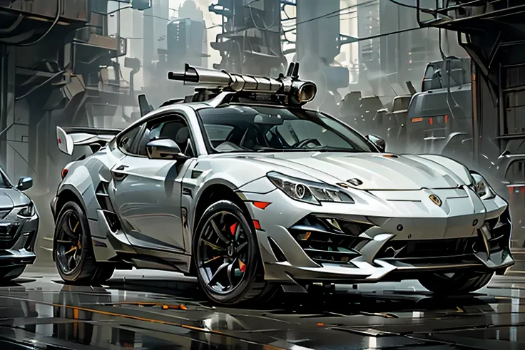 ((Silver Car)), ((Armed)), ((firearm)), ((fixed machine gun)), ((Outside car)), ((sports car)), ((One car)),
