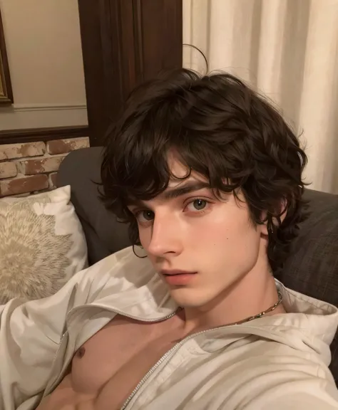 chiseled man lying on a sofa with a remote control in his hand, Finn Wolfhard, Timótee Chalamet, ele tem cabelo castanho curto e encaracolado, handsome androgynous prince, XQC, delicate androgynous prince, Tommy 1 6 anos, an epic non-binary model, taken at...