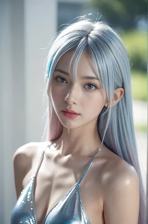 Realistic photos、Soft natural light、2 cute models、19 years old, smooth soft skin、(Light blue eyes),   (bangs, long hair, multicolored hair, gradient hair, two-tone hair, silver hair, pink hair, blue hair:1.2)  、Natural skin texture、hair long、Soft lighting、...