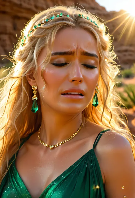 (crying:1.5), In a desert oasis, a beautiful princess weeps, ((drops of her tears are making a beautiful trail on her face)), her flowing golden locks cascading over her left shoulder, (her emerald tears reflecting the suns golden rays)