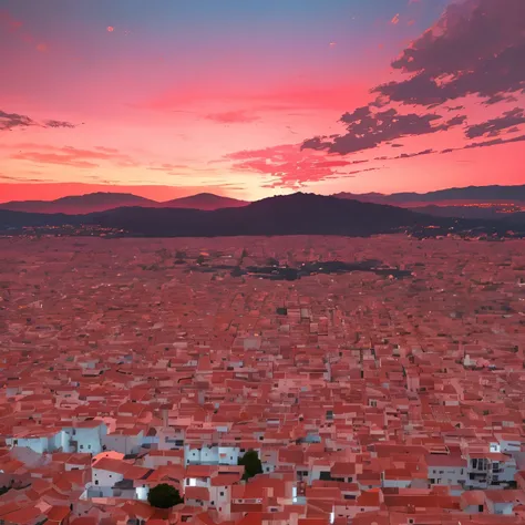 paisaje de una ciudad en pleno atatdecer, paleta de colores rosada 