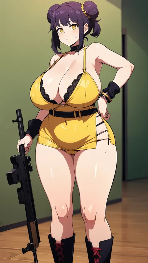 Slime girl, (slime), Slime hair Double buns hair style, Pumpkin Orange, weapon belt, Masterpiece, Best Quality, gigantic breasts, slime girl, slime girl, purple hair, lavender hair, yellow clothes, weapon belt around waistline, rifle, long rifle, AR-15 Rif...