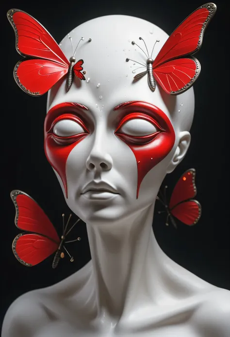 Design of an unusual white plaster sculpture., the sculpture depicts the face of an alien with an elongated head, large elongated and slanted eyes, the alien&#39;s eyes are full of tears, tears flow down the cheeks and teardrops turn into stylized red butt...