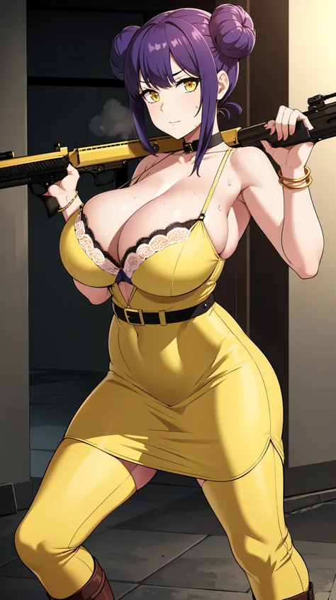 Slime girl, (slime), Slime hair Double buns hair style, Pumpkin Orange, weapon belt, Masterpiece, Best Quality, gigantic breasts, slime girl, slime girl, purple hair, lavender hair, yellow clothes, weapon belt around waistline, rifle, long rifle, AR-15 Rif...