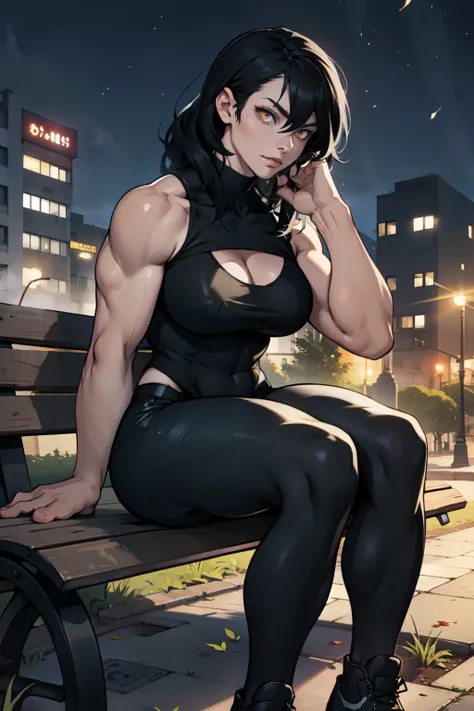 a muscular woman sitting on a park bench at night by herself black hair yellow eyes pale skin