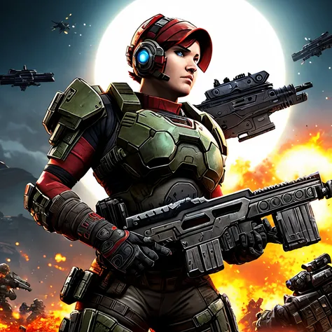 Gears of war soldier(gears of war video game), firing machine gun in the air, halo station in the space sky(halo video game), lilith the siren(borderlands video game)