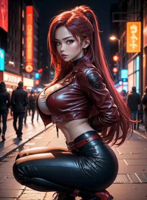 sfw, (squatting), in photorealistic style, a red woman with long hair in red leather pants and a red leather jacket stands in the New York street midnight, wearing bra,((skinny waist)), young asian girl, ((big breasted)),