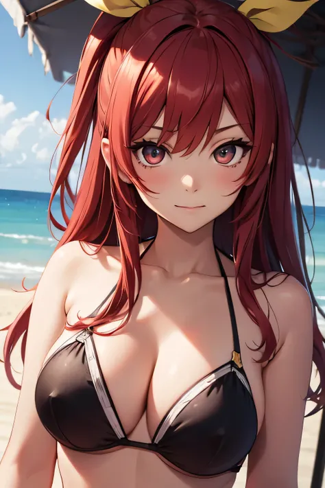 absurdres, high res, ultrasharp, 8K, {masterpiece}, expressive eyes, extremely detailed, best quality, perfect face, Stella Vermillion, 1girl, ruby eyes, long hair, yellow ribbon, crimson hair, hair ribbon, solo, beach, pleased, bikini, paizuri,