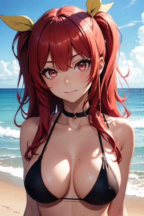 absurdres, high res, ultrasharp, 8K, {masterpiece}, expressive eyes, extremely detailed, best quality, perfect face, Stella Vermillion, 1girl, ruby eyes, long hair, yellow ribbon, crimson hair, hair ribbon, solo, beach, pleased, bikini, paizuri,