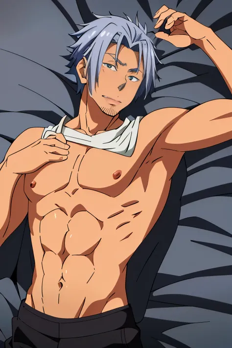 Highres, Masterpiece, Best quality at best,Best Quality,hight quality, hight detailed, anime style, (1 boy), youm、Allback、Men with short hair, gray hair, (showing his muscle), (shirtless, shirt off), crop top shirt, lying on bed, hands up