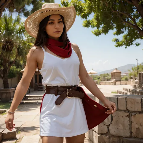 Hombre parado con sombrero, red scarf, dressed in white, red belt and with animated brown huaraches 