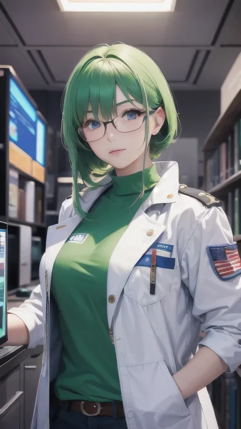 (Best quality,4K,8 k,A high resolution,masterpiece:1.2),Ultra detailed,(realistic,photorealistic,photo-realistic:1.37),portrait,drawing,green hair,Blue eyes,White coat,square glasses,medic,serious expression,Standing in the Lab,hold a test tube,holographic...