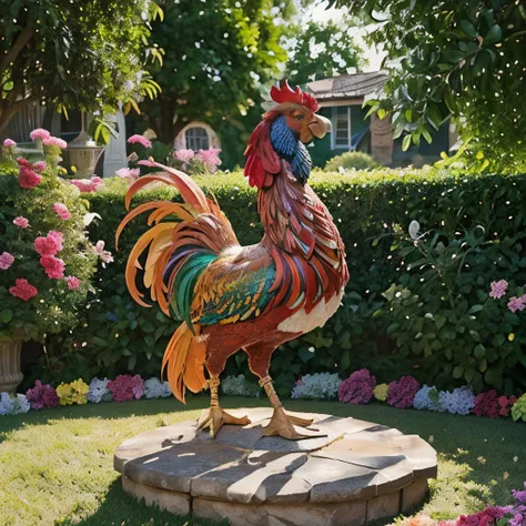 Behold the stunning sight of a majestic rooster statue, its vibrant feathers shimmering in the sunlight 🌈🐓 This eye-catching piece is sure to add a pop of color and whimsy to any garden or home decor. Dont miss out on bringing this unique and lively piece ...