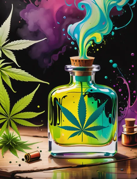 a magical perfume bottle, filled with marijuana goo  colorsplash