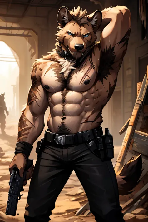 Masterpieces, furry, male, Anthropomorphic, hyena, veiny, thin body, slender body type,  twink, Delicate eyes, goatee, grizzled fur, glistening body, terrorist, DILF, depth of field, perfect lighting, (best quality),(masterpiece),(ultra detailed), sharp fo...