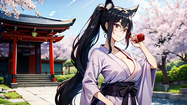 1 girl、alone , greenish black hair、ponytail、big cleavage、fox ears、red eyes、wear glasses、purple kimono、red color belt、light purple long hakama、Headphones around the neck、cherry blossoms模様の和傘、sexy、charm、Wet、face turns red、far shot , full body 、within the ter...