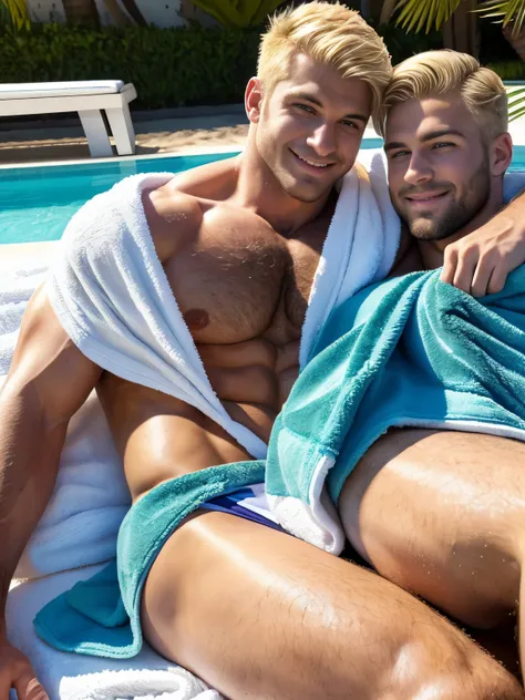 2 entwined muscular massive hunks on sunbed, they lie sideways,covered by towels, at a sunny beach, with lush palmtrees in the background, enjoying a warm breeze. Cuddle under towels sideways. The hunks have sculpted bodies with defined muscles, tanned ski...