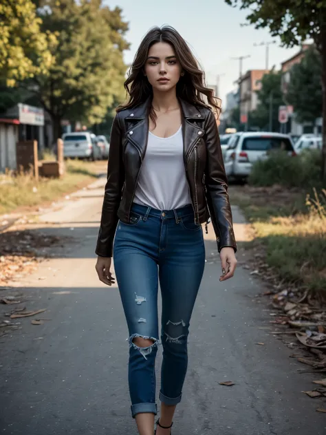 An ultra hot gorgeous European woman, age 23, she’s a playmate, men magazine supermodel. Black jeans, brown leather jacket, random color wavy hair She walks in the streets full of abandoned casr,trees,photorealistic cityscapes,apocalypse landscape, group f...