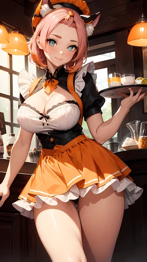 (masterpiece), best quality, expressive eyes, perfect face,(((1 girl))),((orange and white maid uniform:1.3)),(huge breasts 1.5),(thigh gap 1.5),(calico cat ears),(calico cat tail),tavern,tray serving drinks,hand on own chest,high heels,((pink hair)),wavy ...