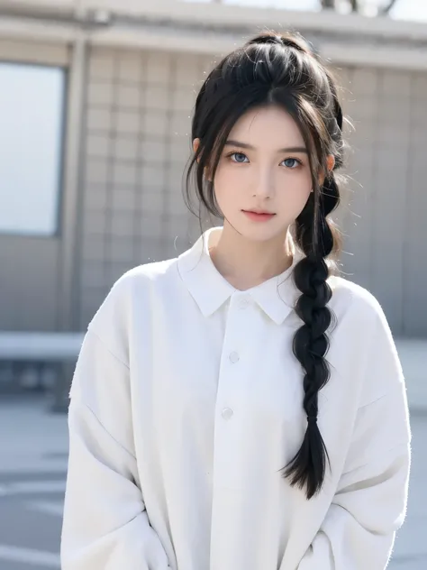 Excellent, tmasterpiece, black hair, eBlue eyes, white  clothes, Upper part of the body, the hair, White skin of the, Side braids, Best quality at best