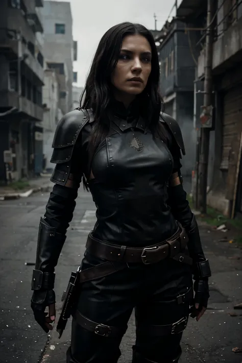 dystopian dark warrior with leather asimmetric armor full of belts