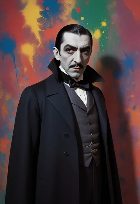 Bela Lugosi as Count Dracula - an extremely colorful multicolor paint splattered wall in the background