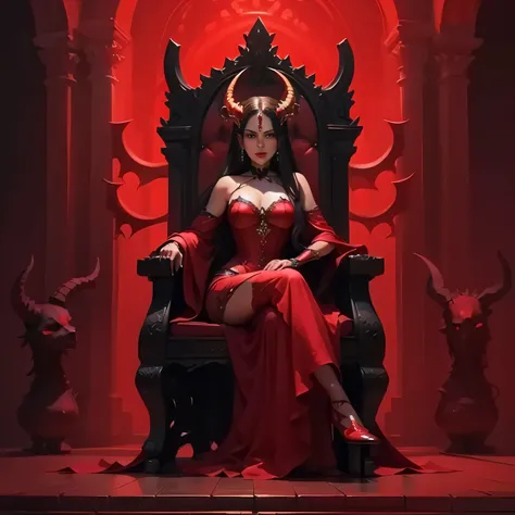 a woman in a red dress sitting on a throne with horns, beautiful elegant demon queen, queen of the underworld, queen of hell, beautiful vampire female queen, succubus | medieval, diablo 4 queen, on her throne, beautiful vampire queen, sitting on her throne...