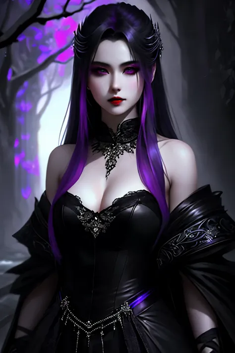 In the heart of the night, a captivating vampire girl stands before you, her short shoulder-length hair adorned with a vibrant purple streak. Her mesmerizing eyes, filled with an otherworldly green hue, pierce through the darkness. With a tantalizing smirk...