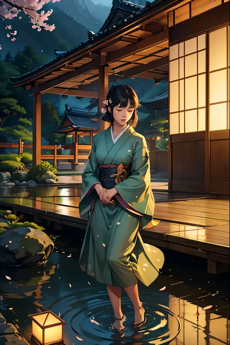 (best quality,4k,8k,highres,masterpiece:1.2),ultra-detailed,(realistic,photorealistic,photo-realistic:1.37),girl strolling in kimono,rural Japan,greenery,rainy day,old architecture,peaceful,serene,beautiful,traditional wooden houses,raindrops falling,refle...