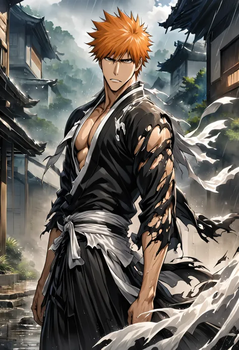 1boy, male focus, kurosaki ichigo, bleach, black hakama, tensa zangetsu (bankai), torn clothes, outdoors, rain, pectoralasterpie...