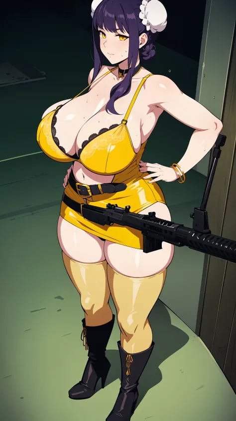 Slime girl, (slime), Slime hair Double buns hair style, Pumpkin Orange, weapon belt, Masterpiece, Best Quality, gigantic breasts, slime girl, slime girl, purple hair, lavender hair, yellow clothes, weapon belt around waistline, rifle, long rifle, AR-15 Rif...