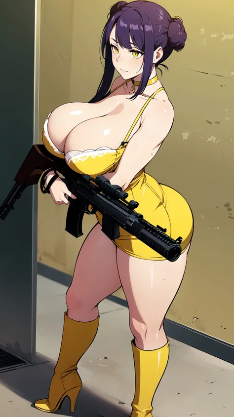 Slime girl, (slime), Slime hair Double buns hair style, Pumpkin Orange, weapon belt, Masterpiece, Best Quality, gigantic breasts, slime girl, slime girl, purple hair, lavender hair, yellow clothes, weapon belt around waistline, rifle, long rifle, AR-15 Rif...