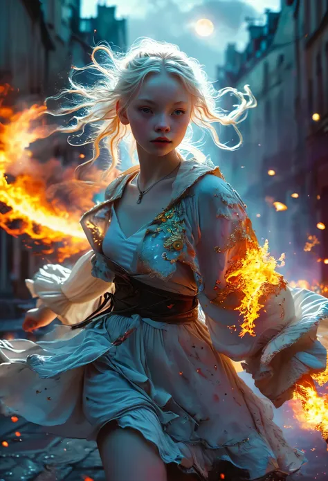 In a celestial dreamy letscape, an albinos Beautiful girl running in the night city, trying to escape to shadows, 12 years, the light comes from the moon, il neige, elle a peur, elle pleure, coverbook, chaotic scene, the background is a night city on fire,...